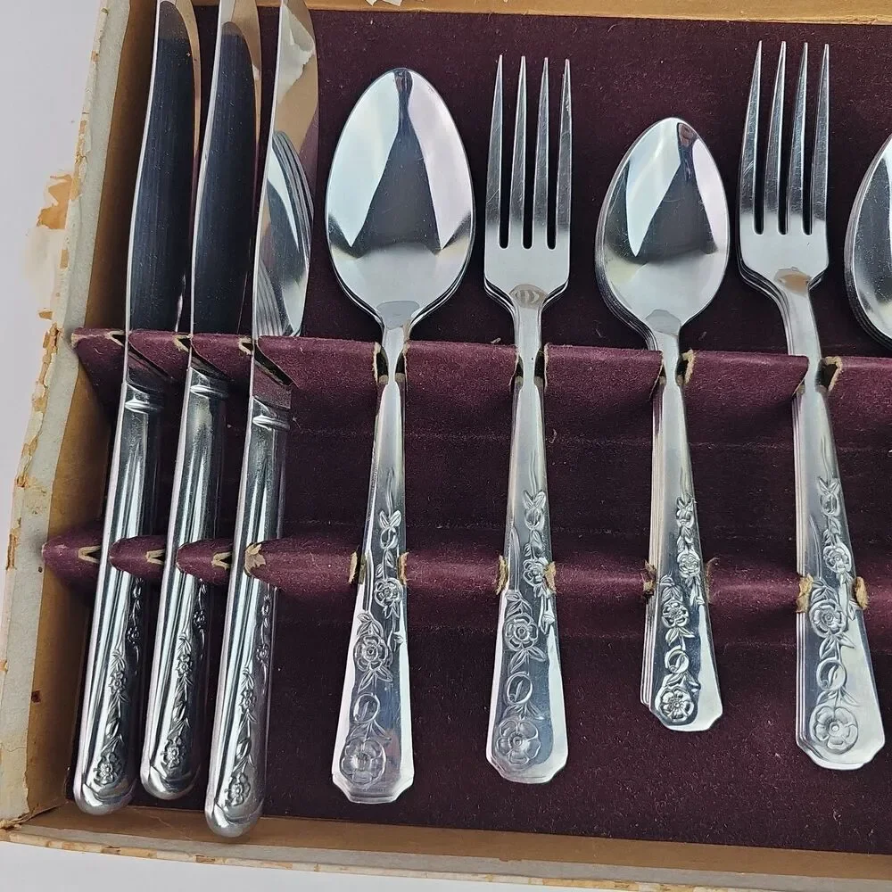 1950s Stainless Flatware Service For 6 By Majestic With Box Floral Pattern